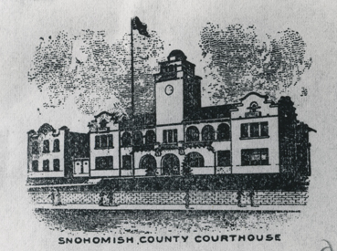 Photograph of a drawing of the Snohomish County Courthouse ca. 1920, artist unknown, General Subjects Photograph Collection, 1845-2005, Washington State Archives, Digital Archives.